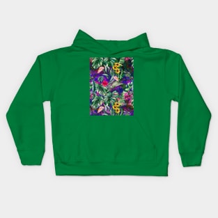 Cute tropical floral leaves botanical illustration, tropical plants,leaves and flowers, dark purple leaves pattern Kids Hoodie